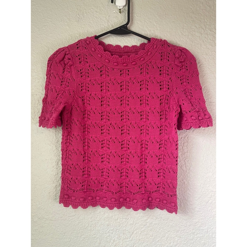 Anthropologie Hot Pink Crochet Short Sleeve Top